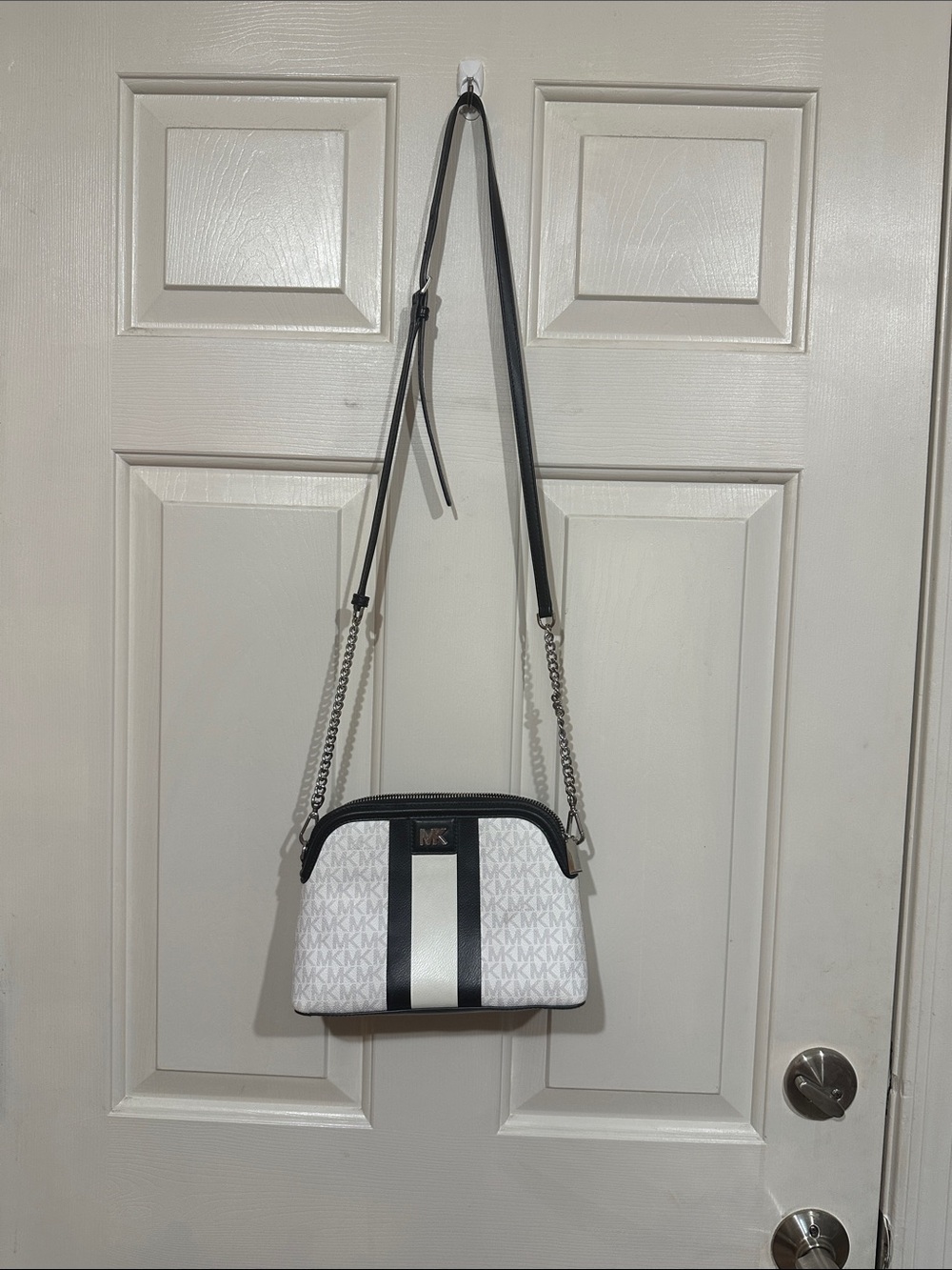 Michael Kors White and Black Stripe Logo Crossbody